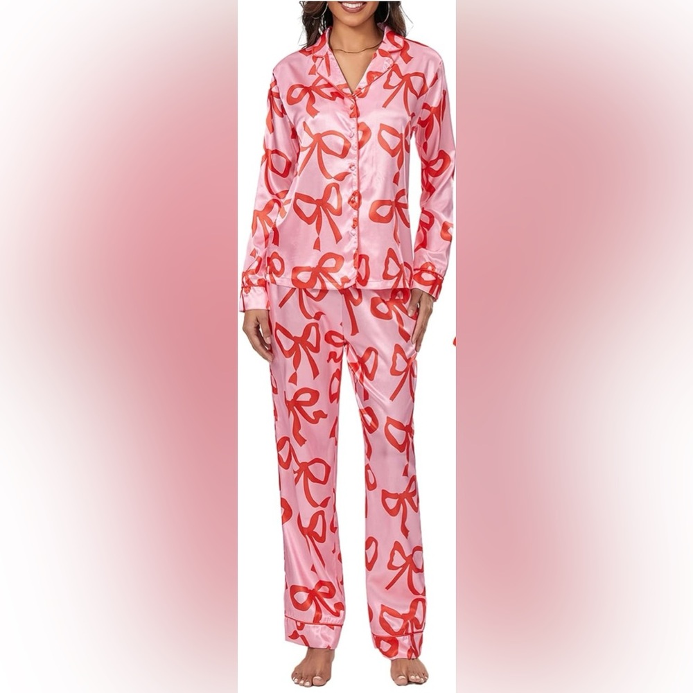 Women’s Size: Xtra Large Light Pink & Red Satin Bow Print Pants Pajama Set